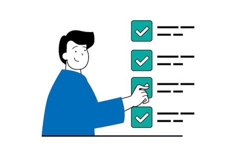 Online survey concept with people scene in flat web design man filling ...