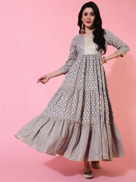 Rayon Ankle Length Flared 3/4 Sleeves Printed Round Neck Kurta ...