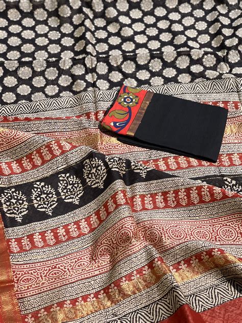 Chanderi silk cotton hand block printed saree with Maheswari border ...