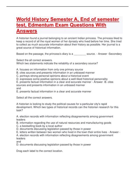 World History Semester A, End of semester test, Edmentum Exam Questions ...