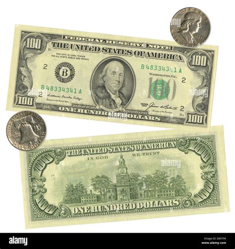 Benjamin Franklin on the US 1985 $100 bill and a 1963 silver half ...