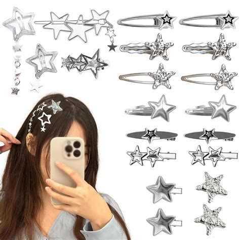 Amazon.com : 20pcs Silver Hair Clips for Women,Y2K Star Hair Clips ...