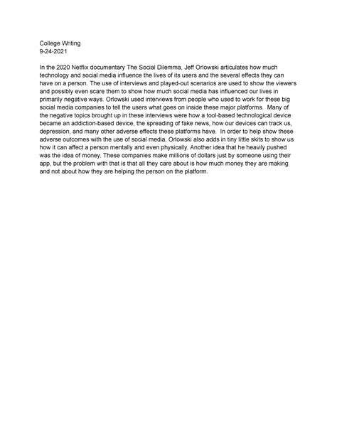 Summary of Social Dilemma - College Writing 9-24- In the 2020 Netflix ...