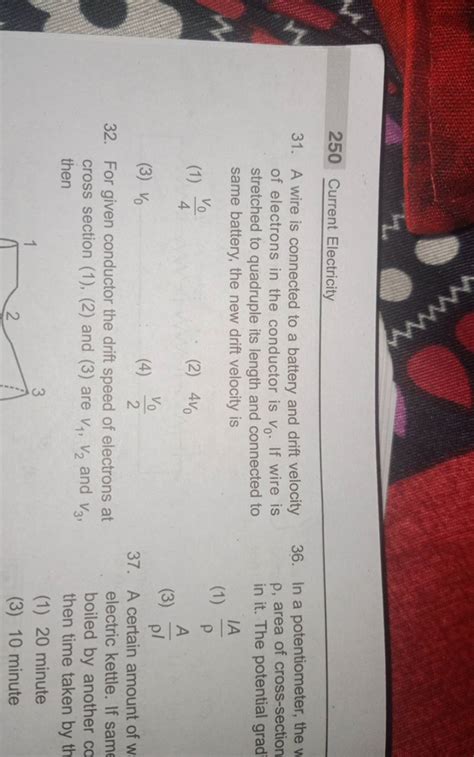 For given conductor the drift speed of electrons at cross section (1), (2..