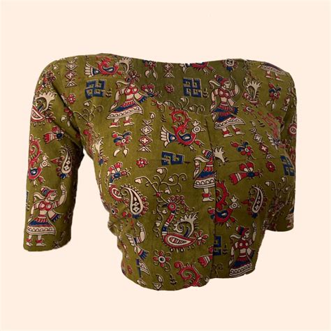 Kalamkari Cotton Round neck Blouse, Olive Green, BK1260 – Scarlet Thread