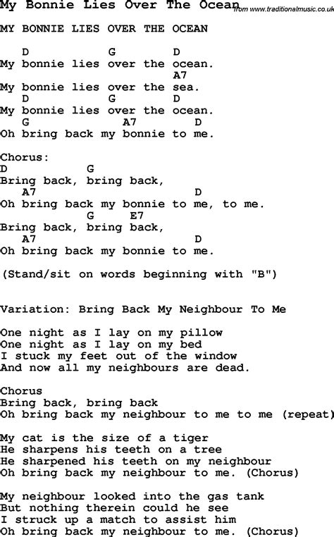 Summer Camp Song, My Bonnie Lies Over The Ocean, with lyrics and chords ...