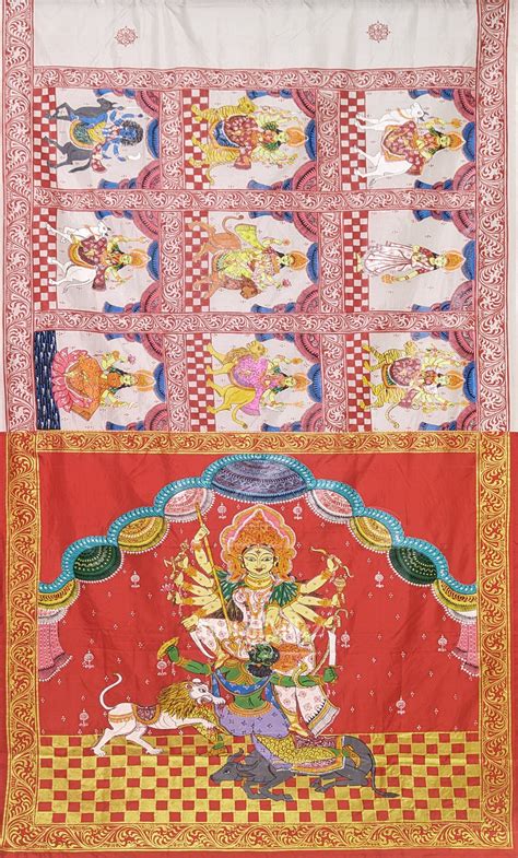 White Red Navaratri Durga Puja Theme Hand-Painted Pattachitra Saree ...