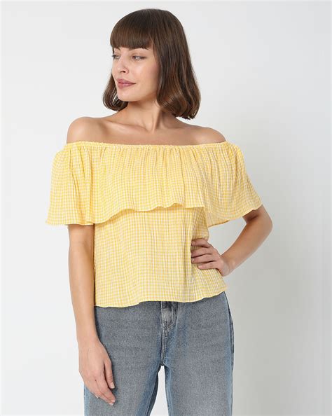 Yellow Check Off-Shoulder Top