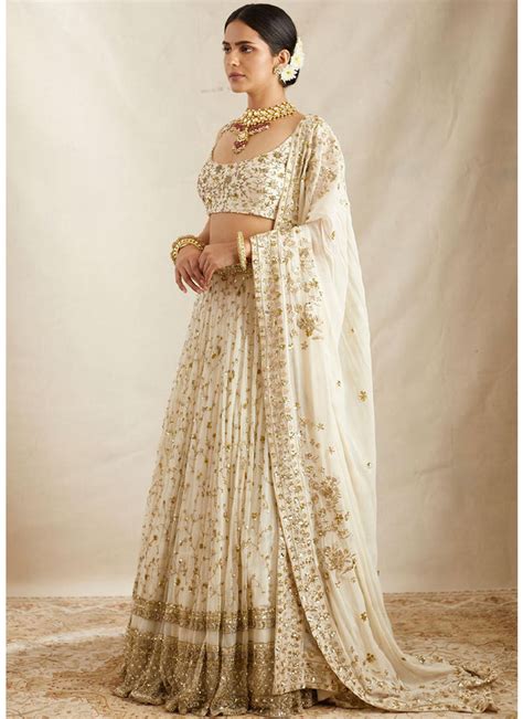 Zari Sequence Embroidered Georgette White Lehenga Choli – tapee.in