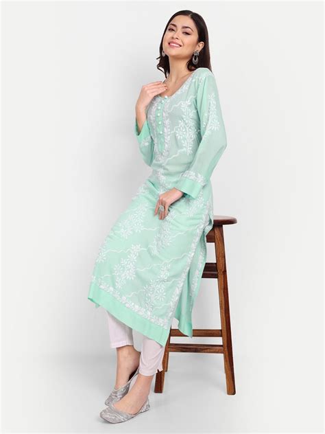 Lucknow Chikankari Hand Embroidered Long kurta Modal Cotton – Indiankala4u