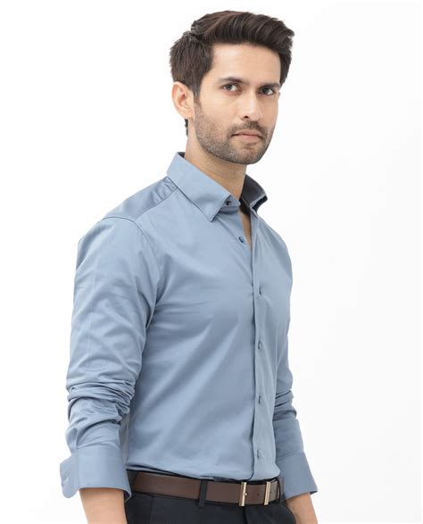 Rare Rabbit Men's Como4 Dusky Blue Cotton Plain Regular Fit Full Sleev