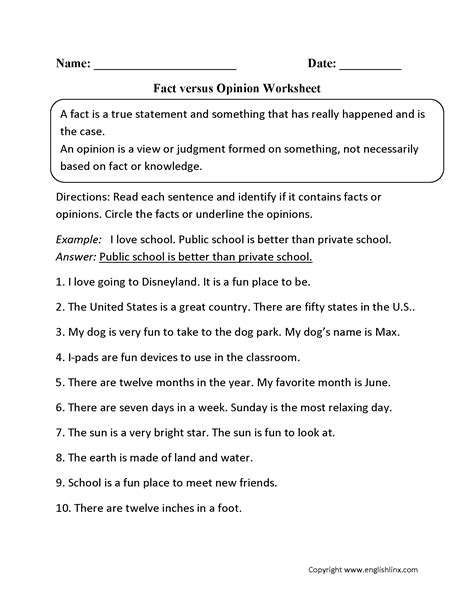 Fact versus Opinion Worksheet | Fact and opinion, Fact and opinion ...
