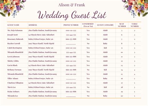 Wedding List Template Excel