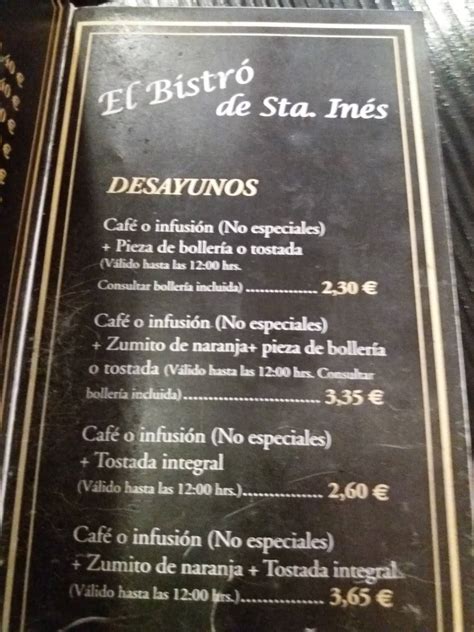 Menu at El Bistro De Sta Inés restaurant, Madrid
