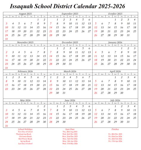 Issaquah School District Calendar 2025-2026 | School District Calendars