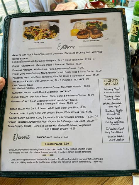 Menu at Cafe Alfresco, Dunedin