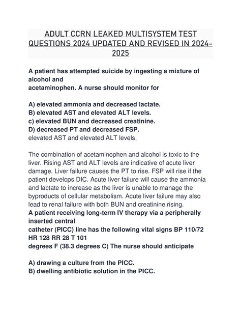 ADULT CCRN LEAKED MULTISYSTEM TEST QUESTIONS 2024 UPDATED AND REVISED ...