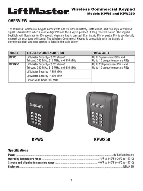 Liftmaster Keypad Kpw5 Kpw250 Gate Manual | PDF | Personal ...