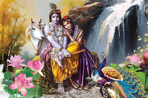 Romantic Radha Krishna Love painting cow and waterfall
