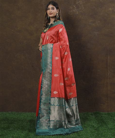 Coral and green silk handloom banarasi saree – GoSwadeshi