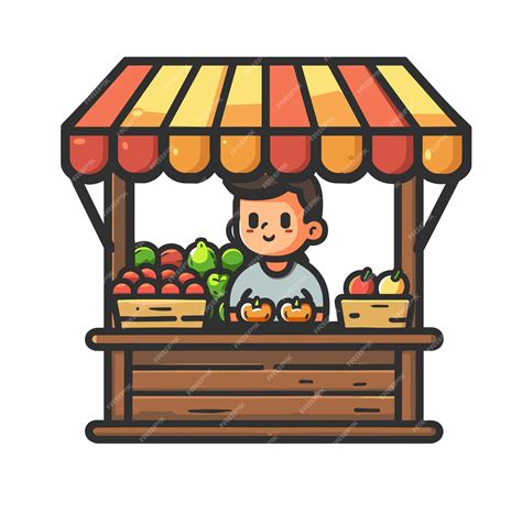 Cartoon illustration of a fruit vendor at a market stall selling fresh ...