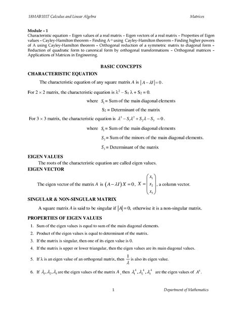 Unit 1 - Matrices - learn lead - Module – 1 Characteristic equation – Eigen values of a real ...