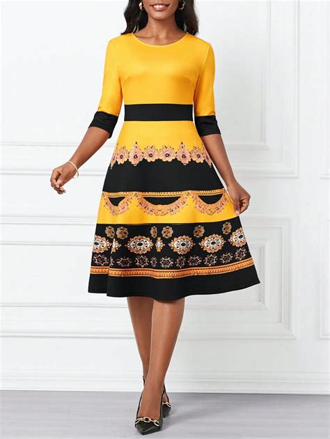 SHEIN Lady Floral Colorblock Round Neck Dress | SHEIN USA