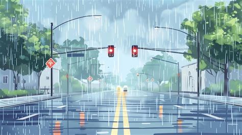 A cartoon illustration of a street in the rain with a car driving down ...