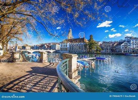 Historic Zurich City Center with Famous Grossmunster Church and Limmat ...