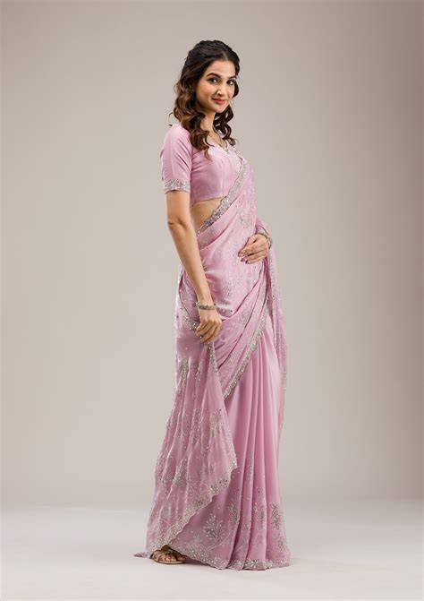 Buy Pink Stonework Tissue Saree - Koskii