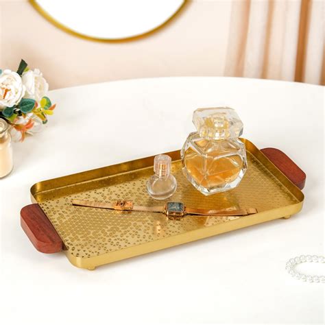 Geometric Embossed Rectangle Metal Tray With Wooden Handles Online ...