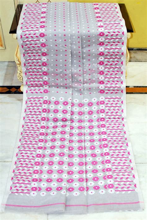 Nakshi Floral Work with Polka Butta Cotton Jamdani Saree in Cloud Grey ...