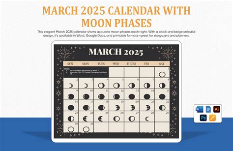 March 2025 Calendar Template With Moon Phases in Apple Pages, PSD ...