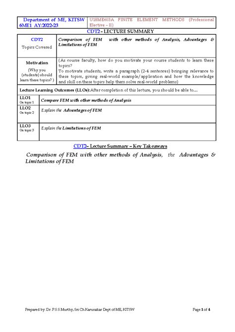 FEM CDT2 Summary 6M1 - Bxbxbx - 6ME1 AY:2022- Elective – II) CDT2 ...