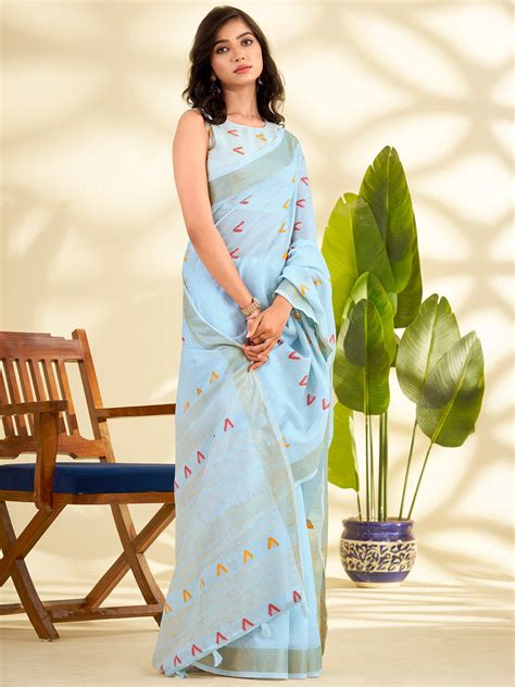 Buy Sky Blue Linen Silk With Zari Border Saree With Blouse Piece 30824 ...