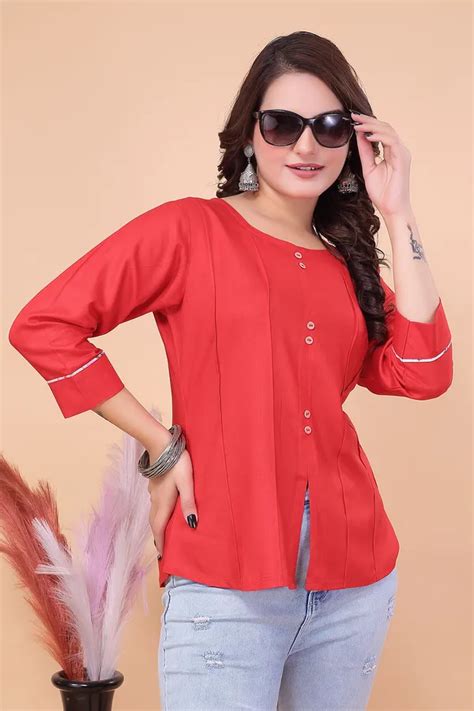 VD MART Red Viscose Rayon Top For Women | Regular Fit 3/4 Sleeve Round ...