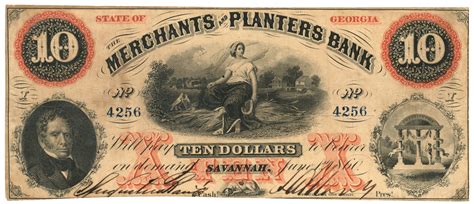 1860 Merchants & Planters Bank, Savannah, Georgia $10 Note No.4256 ...