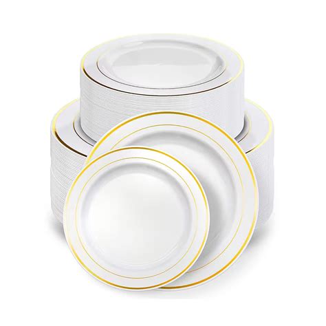 TINANA Plastic Plates for Party, 100 Piece Elegant White and Gold Rim ...