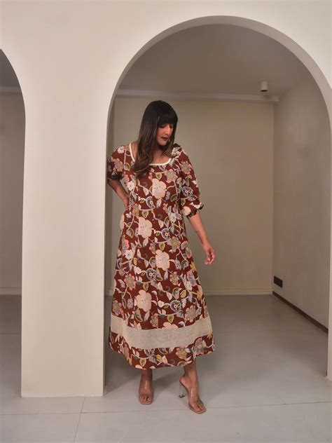 Brown Floral Cotton Three Fourth Sleeve Dress for Women | Why So Blue ...