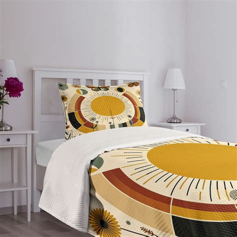 Ambesonne Mid Century Modern Bedspread Set Boho Sun Moth Pale Coffee ...