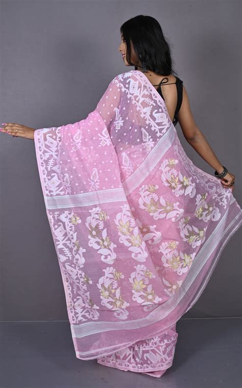 Sholapuri Work Jamdani Saree in Powder Pink, Off White and Golden ...