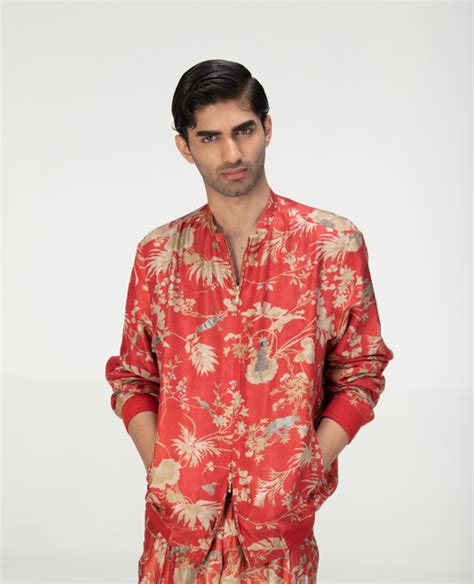 Janbaaz Bomber Jacket Silk Damask Red – SUKETDHIR