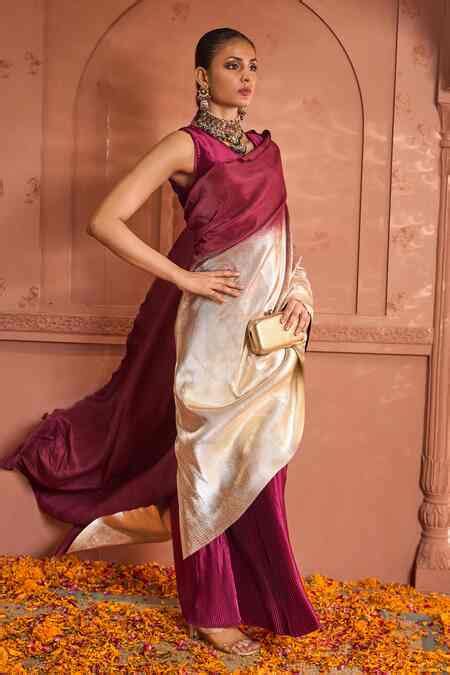 Buy Wine Silk Glitter Round Neck Textured Ombre Saree Gown For Women by ...