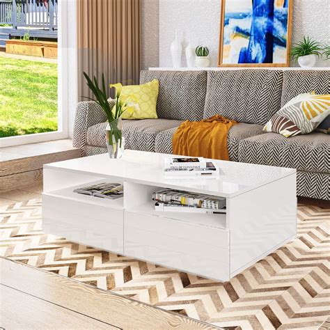 White Coffee Tables with Storage, Wooden Centre Table High Gloss with 4 ...