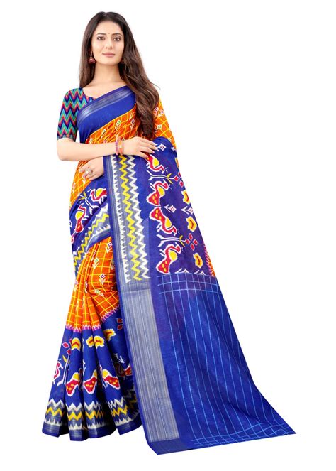 Get Orange & Blue Ikat Pattu Saree at ₹ 799 | LBB Shop
