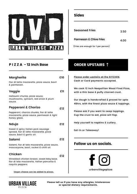 Menu at Urban Village Pizza restaurant, Worcester