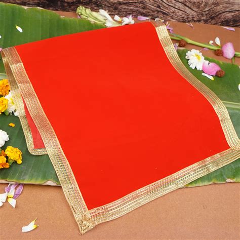 Red Velvet and Golden Lace Aasan Length: 28 x 14 Inch – ServDharm