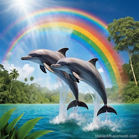 Dolphins Emerge in the Jungle with a Rainbow | Stable Diffusion Online