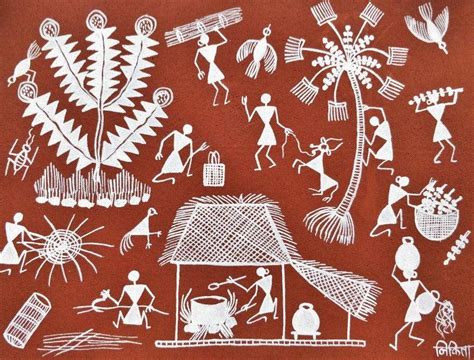 "Warli Art 16": Red Warli Traditional_Art by Nikita Mundekar – ArtZolo.com