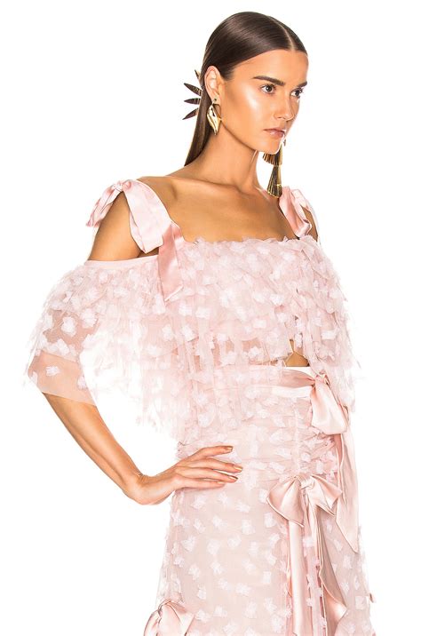 Rodarte Embroidered Bow Tiered Off the Shoulder Blouse in Pink | FWRD